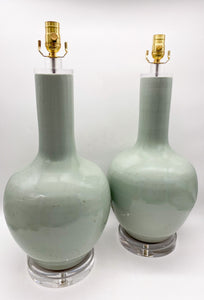 Celadon Globular Vase Lamp, ~32"