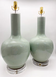 Celadon Globular Vase Lamp, ~32"