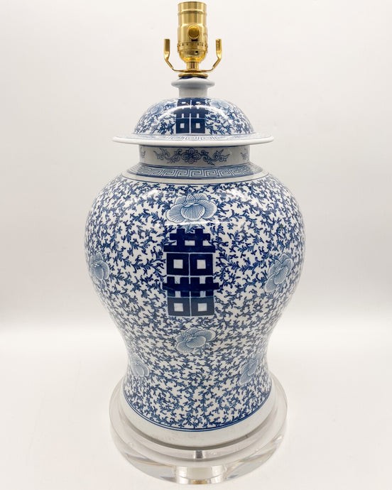 Blue & White Double Happiness Temple Jar Lamp, 18