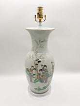 Load image into Gallery viewer, antique oriental vase lamp, figural oriental vase lamp, oriental ceramic, Chinese ceramic, multicolor celadon vase lamp, acrylic base, vintage oriental vase lamp, vintage Chinese vase lamp, Dallas lamp store, lamp store Dallas, lampshades Dallas, Dallas lampshades