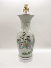 Load image into Gallery viewer, antique oriental vase lamp, figural oriental vase lamp, oriental ceramic, Chinese ceramic, multicolor celadon vase lamp, acrylic base, vintage oriental vase lamp, vintage Chinese vase lamp, Dallas lamp store, lamp store Dallas, lampshades Dallas, Dallas lampshades