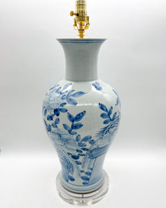 Blue and White Vase Lamp, Pheasants & Flowers, 22" to socket