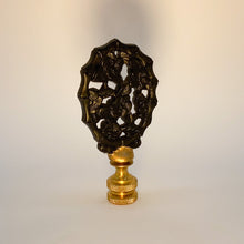 Load image into Gallery viewer, finial, finials, carved finial, carved cinnabar, black cinnabar, carved cinnebar, black cinnebar, floral detail, floral finial, bamboo finial, bamboo detail, lampshade top, lampshade topper, lamp top, table lamp top, floor lamp top, topper, lampshade, lampshades, Dallas lamp store