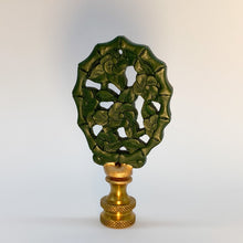 Load image into Gallery viewer, finial, finials, carved finial, carved cinnabar, black cinnabar, carved cinnebar, black cinnebar, floral detail, floral finial, bamboo finial, bamboo detail, lampshade top, lampshade topper, lamp top, table lamp top, floor lamp top, topper, lampshade, lampshades, Dallas lamp store
