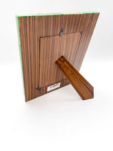 Load image into Gallery viewer, emerald hand inlaid bone ivory diamond corrugated pattern light olive green with darker shades of forest green detail surround picture frame with brown woodgrain finish on reverse side 4x6


