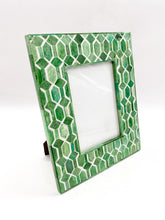Load image into Gallery viewer, emerald hand inlaid bone ivory diamond corrugated pattern light olive green with darker shades of forest green detail surround picture frame with brown woodgrain finish on reverse side 4x6


