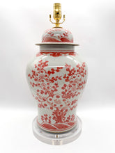 Load image into Gallery viewer, Coral Red Plum Tree Temple Jar Lamp, ~30&quot;