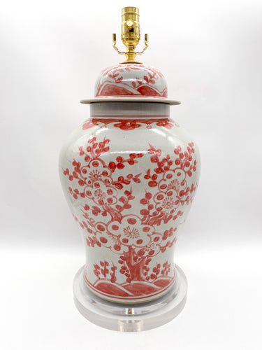 Coral Red Plum Tree Temple Jar Lamp, ~30