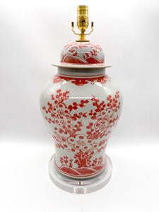 Coral Red Plum Tree Temple Jar Lamp, ~30"