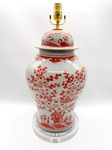 Coral Red Plum Tree Temple Jar Lamp, ~30"