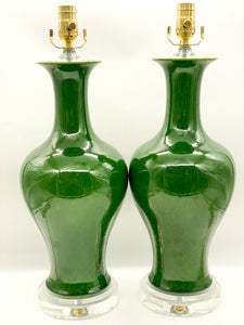 Green Crackle Fishtail Vase Lamp, ~28"