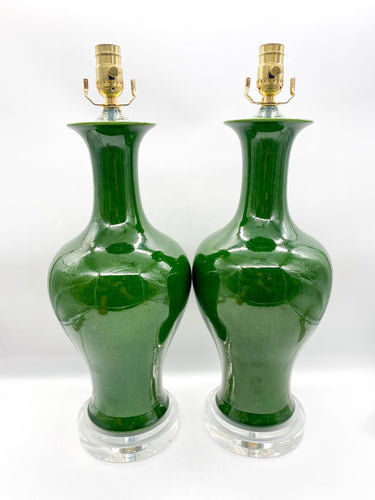 Green Crackle Fishtail Vase Lamp, ~28
