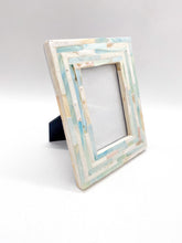 Load image into Gallery viewer, Decorative picture frame with a mother of pearl, teal and ivory mosaic design for 4x6" photos