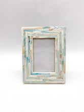 Load image into Gallery viewer, Decorative picture frame with a mother of pearl, teal and ivory mosaic design for 4x6" photos