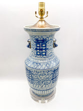 Load image into Gallery viewer, Vintage Blue &amp; White Double Happiness Lamp, ~30"