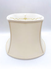 Load image into Gallery viewer, rounded square bell lampshade, silk lampshade, synthetic silk lampshade, off-white lampshade, antique white, eggshell, ivory, bell shade, square shade, square lampshade 