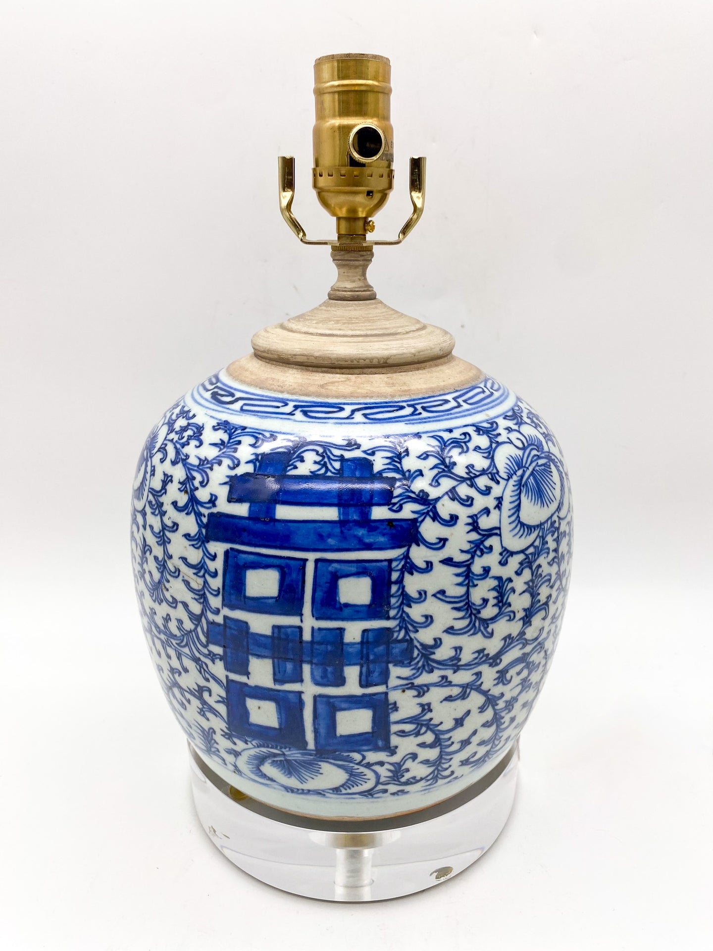 Lamp-made-from-Vintage-Blue/White-Double-Happiness-Jar,-11 -tall-at-harp-saddle