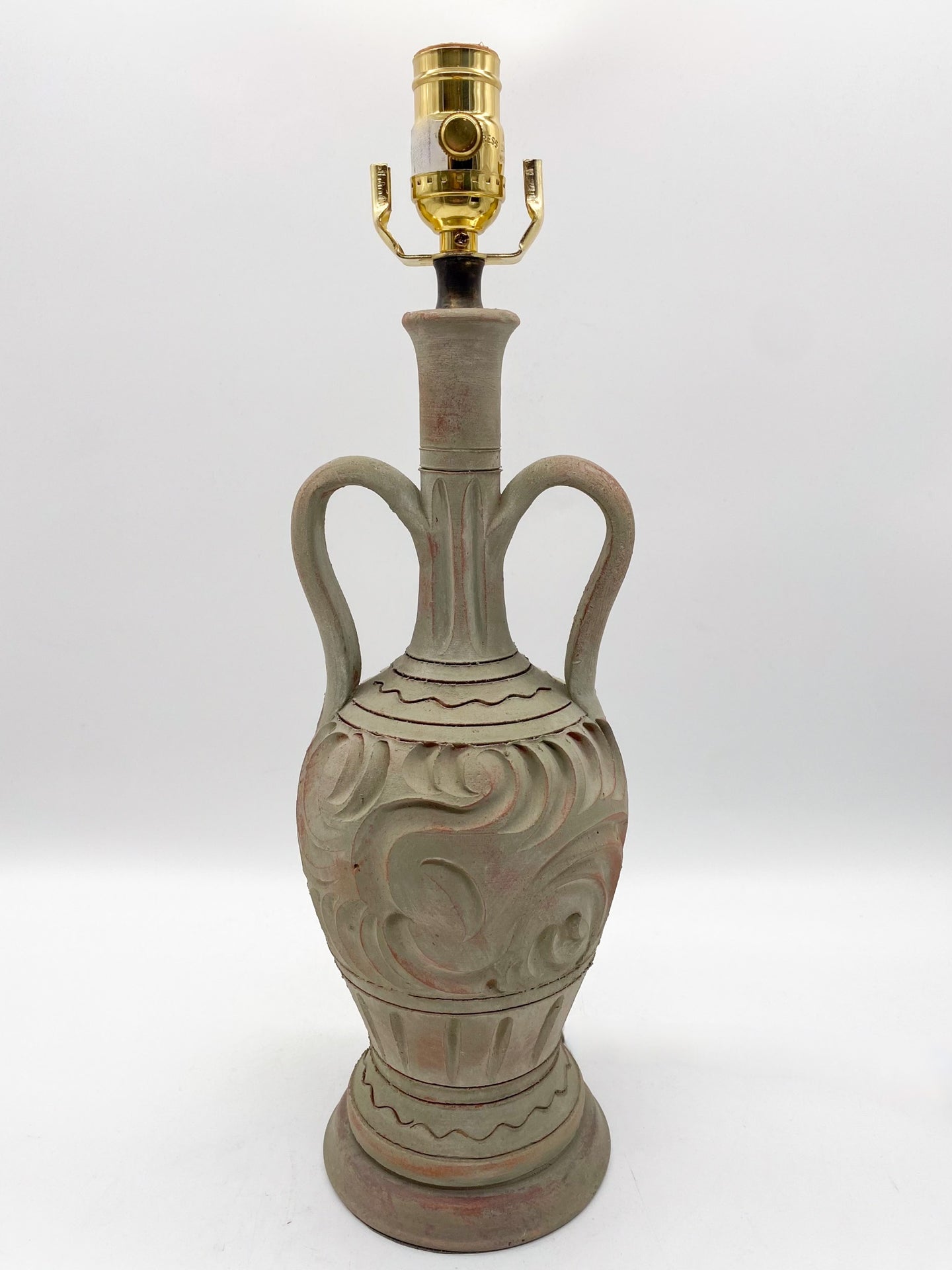 Italian Lavaggio Verde Terra Cotta Handled Wood Table Lamp