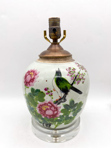Vintage Melon Jar Lamp with Bird and Peonies, ~19