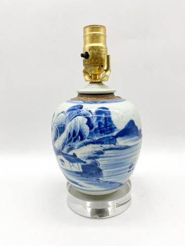 Vintage-Blue/White-Jar-Lamps.7 -tall-(to-harp-saddle)