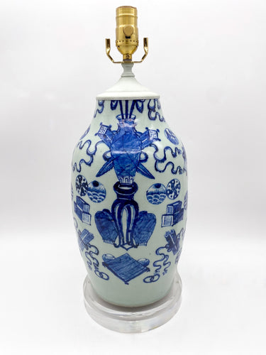 Antique Blue and White on Celadon Porcelain Lamp, ~25