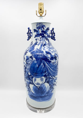 Blue/White-Ming-Peacock-Vase-Lamp.-23.5 -tall-(to-harp-saddle)
