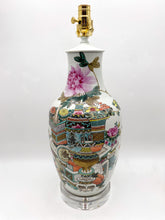 Load image into Gallery viewer, antique chinese ceramic celadon vase, intricately patterned, vases with peonies, florals, teal, celadon, light blue, pink, green, clear acrylic