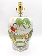 Load image into Gallery viewer, Antique Melon Jar Lamp, Garden Scene w/ Mother and Children Playing, ~21&quot;