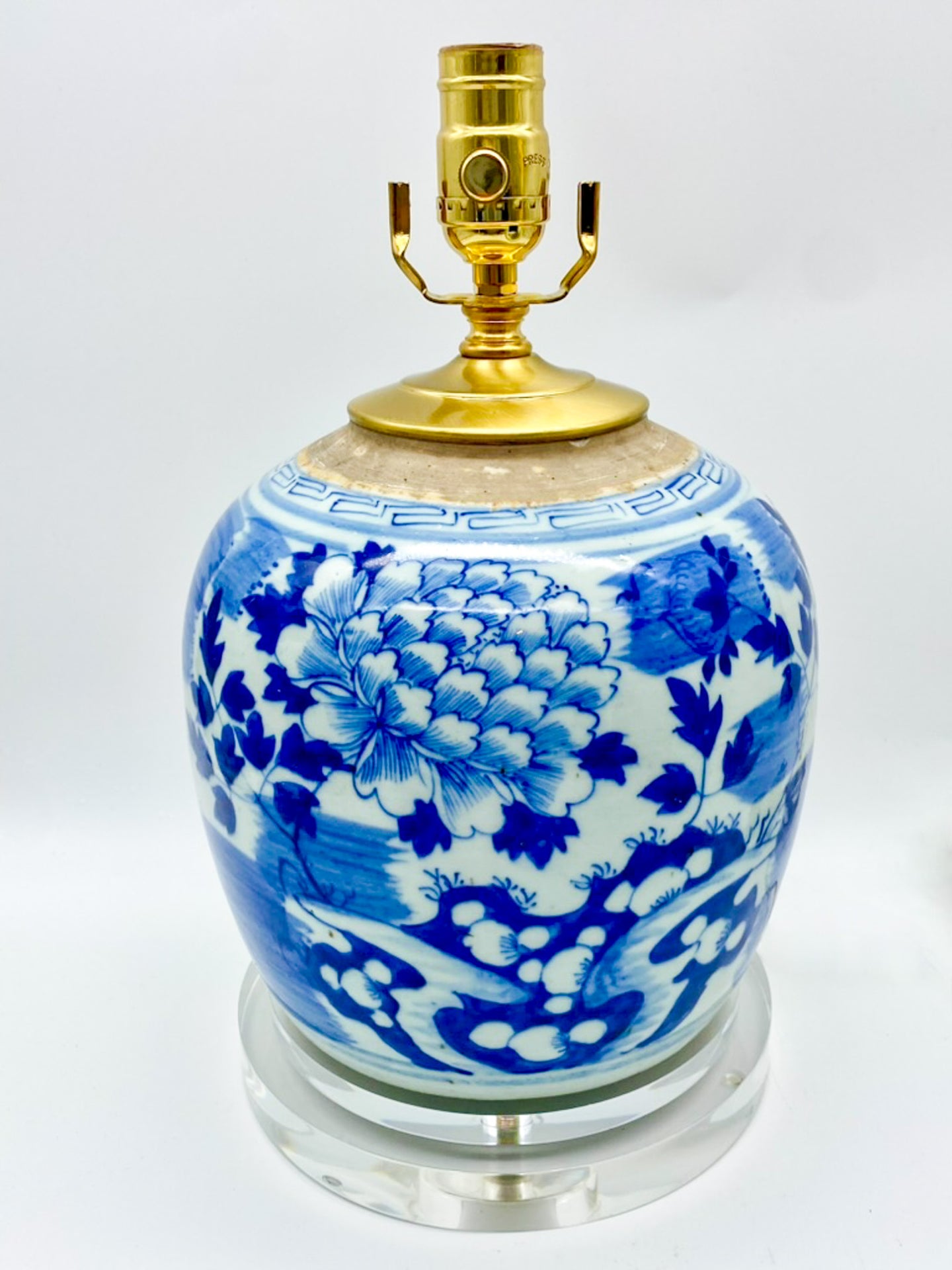 Antique Blue and White Ginger Jar Lamp with Peonies