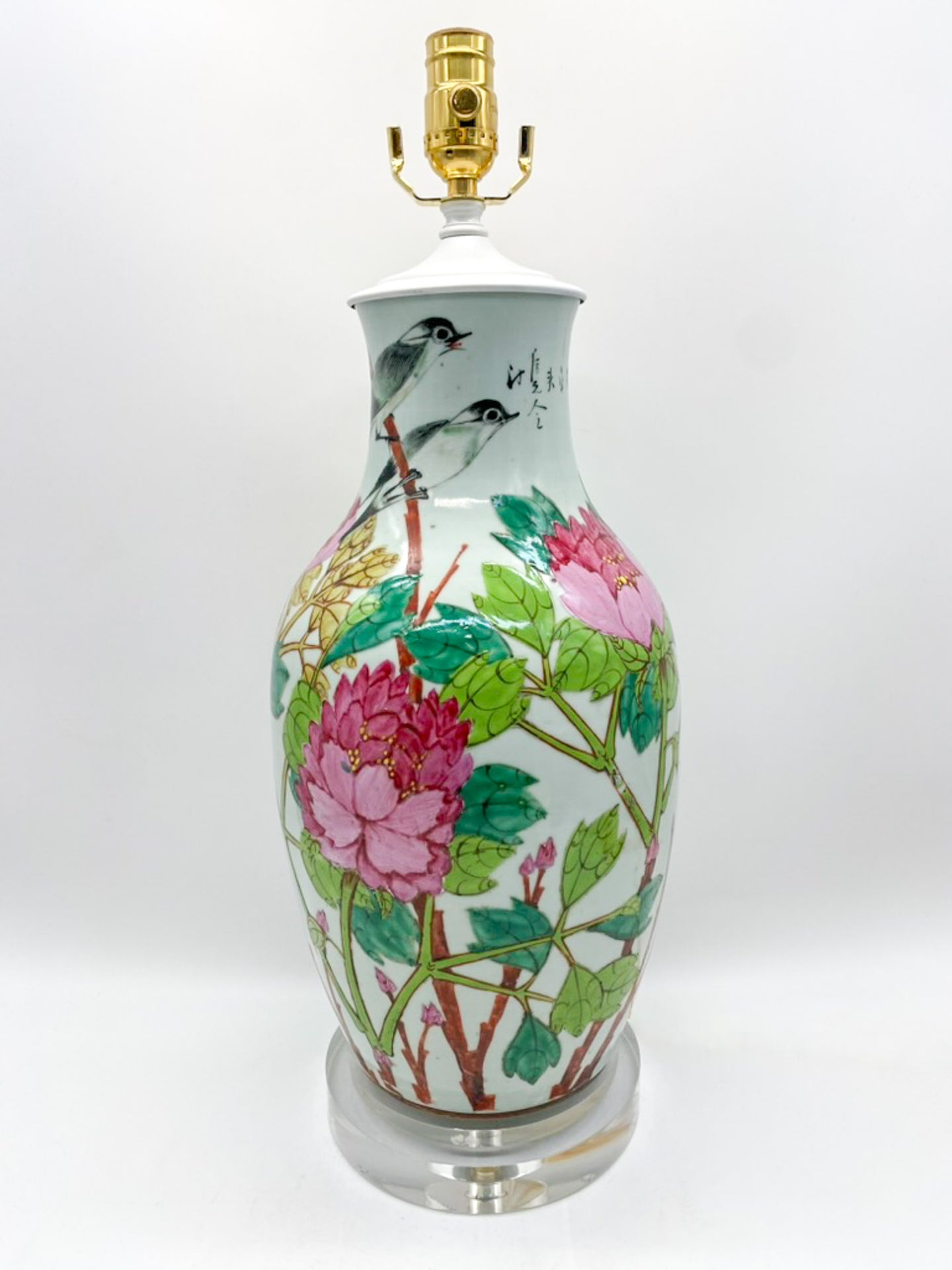 Antique Chinese Vase Lamp, Birds and Peonies