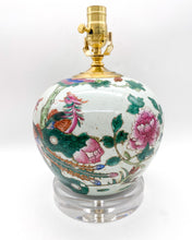 Load image into Gallery viewer, vivid, multicolor, vintage, antique, Chinese celadon, pink, green, florals, dragons, Celadon, acrylic, acrylic base, clear acrylic, lucite, lucite base, Lucite, lamps, lamps store, lighting store, Dallas lampshade store, Dallas lamps, interior design Dallas, lampshade store, lampshades Dallas