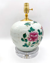 Load image into Gallery viewer, vivid, multicolor, vintage, antique, Chinese celadon, pink, green, florals, dragons, Celadon, acrylic, acrylic base, clear acrylic, lucite, lucite base, Lucite, lamps, lamps store, lighting store, Dallas lampshade store, Dallas lamps, interior design Dallas, lampshade store, lampshades Dallas