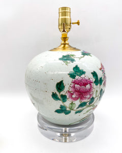 vivid, multicolor, vintage, antique, Chinese celadon, pink, green, florals, dragons, Celadon, acrylic, acrylic base, clear acrylic, lucite, lucite base, Lucite, lamps, lamps store, lighting store, Dallas lampshade store, Dallas lamps, interior design Dallas, lampshade store, lampshades Dallas