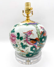 Load image into Gallery viewer, vivid, multicolor, vintage, antique, Chinese celadon, pink, green, florals, dragons, Celadon, acrylic, acrylic base, clear acrylic, lucite, lucite base, Lucite, lamps, lamps store, lighting store, Dallas lampshade store, Dallas lamps, interior design Dallas, lampshade store, lampshades Dallas