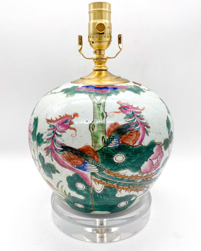 vivid, multicolor, vintage, antique, Chinese celadon, pink, green, florals, dragons, Celadon, acrylic, acrylic base, clear acrylic, lucite, lucite base, Lucite, lamps, lamps store, lighting store, Dallas lampshade store, Dallas lamps, interior design Dallas, lampshade store, lampshades Dallas