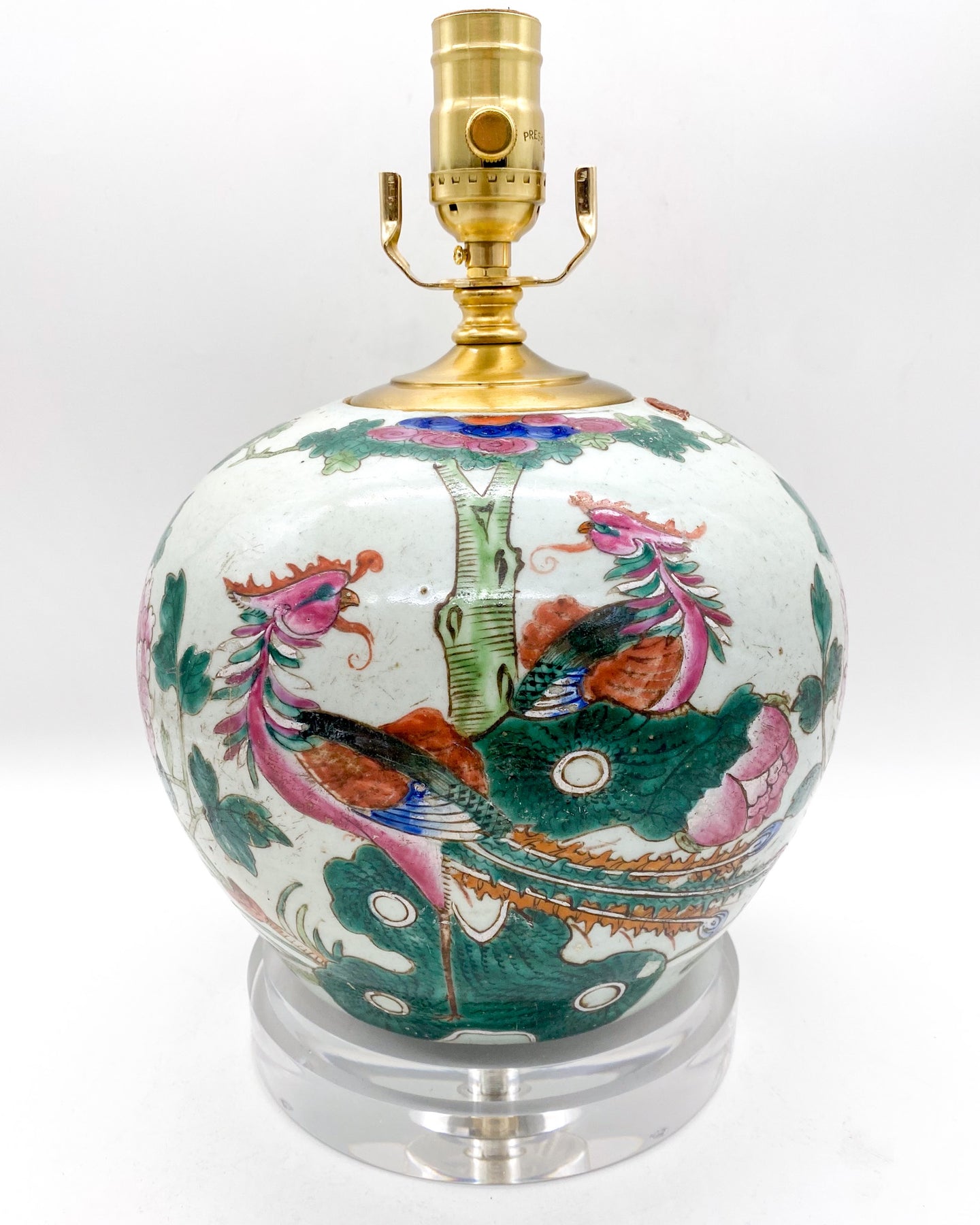 vivid, multicolor, vintage, antique, Chinese celadon, pink, green, florals, dragons, Celadon, acrylic, acrylic base, clear acrylic, lucite, lucite base, Lucite, lamps, lamps store, lighting store, Dallas lampshade store, Dallas lamps, interior design Dallas, lampshade store, lampshades Dallas