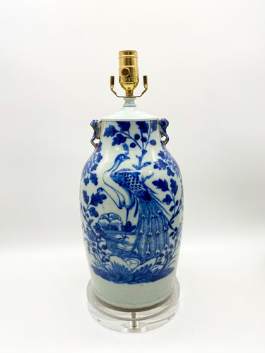 Blue and White Vase Lamp with Peacock, 15.5