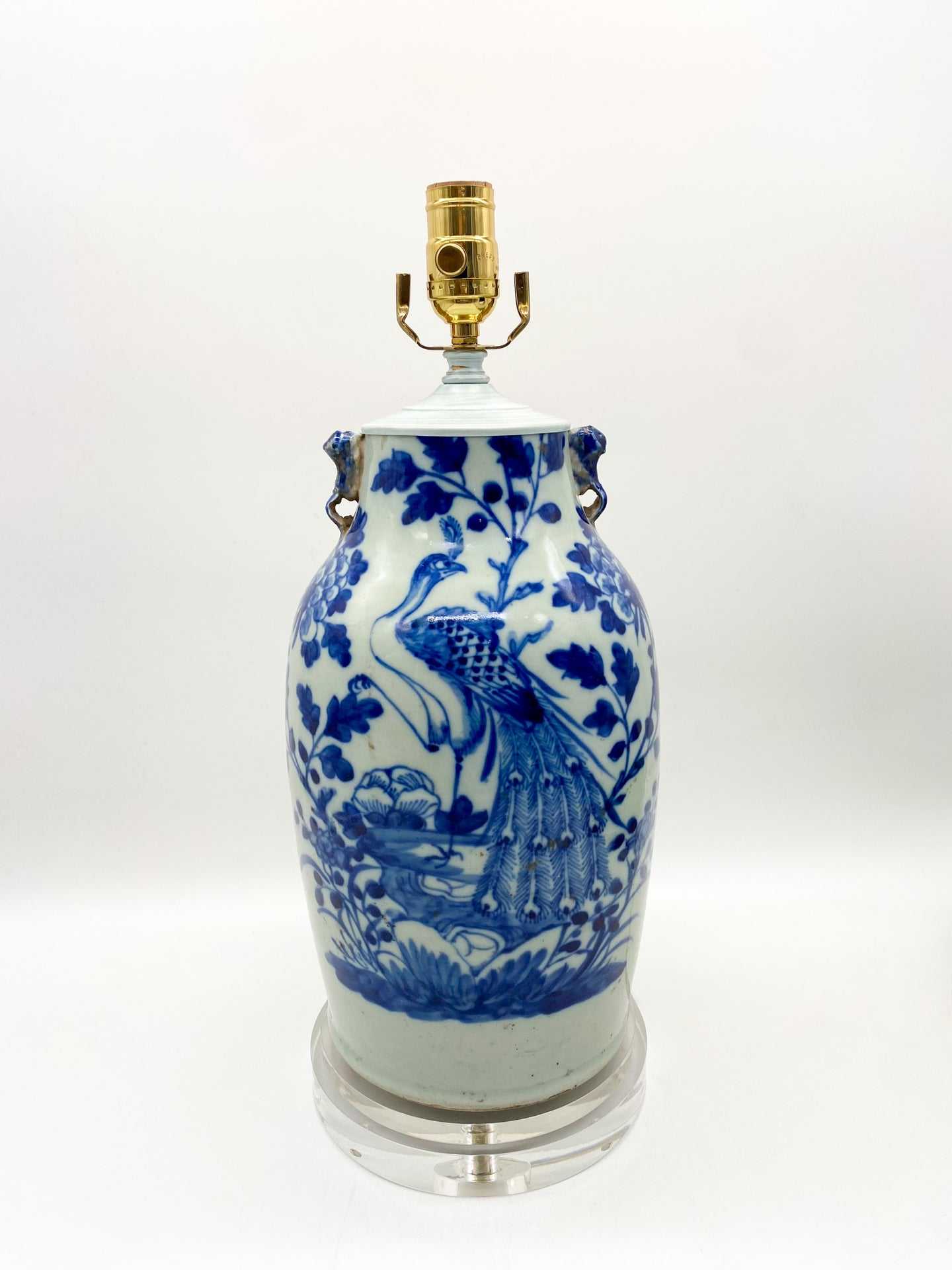 Blue and White Vase Lamp with Peacock, 15.5