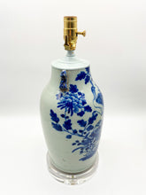 Load image into Gallery viewer, Blue and White Vase Lamp with Peacock, 15.5&quot; at harp saddle