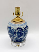 Load image into Gallery viewer, blue &amp; white, blue/white, blue and white, ceramic, ceramic vase, ceramic lamp, ginger jar, acrylic base, Chinese ceramic, asian ceramic, ceramic table lamp, ginger jar lamp