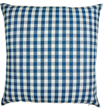 Load image into Gallery viewer, A square throw pillow featuring a classic blue and white gingham checkered pattern, shown against a plain white background, gingham pillow, blue gingham pillow, gingham decorative pillow, decorative pillows dallas 