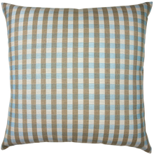Load image into Gallery viewer, A square throw pillow featuring a classic gingham checkered pattern in light blue, beige, and white, gingham pillow, decorative gingham pillow, dallas decorative pillows, blue and brown pillow 