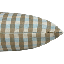 Load image into Gallery viewer, A square throw pillow featuring a classic gingham checkered pattern in light blue, beige, and white, gingham pillow, decorative gingham pillow, dallas decorative pillows, blue and brown pillow 