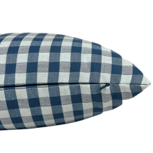Load image into Gallery viewer, A square throw pillow featuring a classic blue and white gingham checkered pattern, shown against a plain white background, gingham pillow, blue gingham pillow, gingham decorative pillow, decorative pillows dallas 