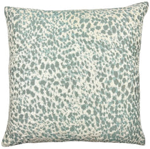 Load image into Gallery viewer, A square throw pillow featuring a textured, abstract leopard-like spot pattern in sage green and off-white, animal print pillow, blue and white pillow, sage green and white pillow, decorative pillow, decorative pillows dallas 