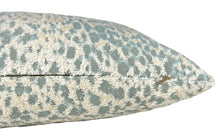 Load image into Gallery viewer, A square throw pillow featuring a textured, abstract leopard-like spot pattern in sage green and off-white, animal print pillow, blue and white pillow, sage green and white pillow, decorative pillow, decorative pillows dallas 