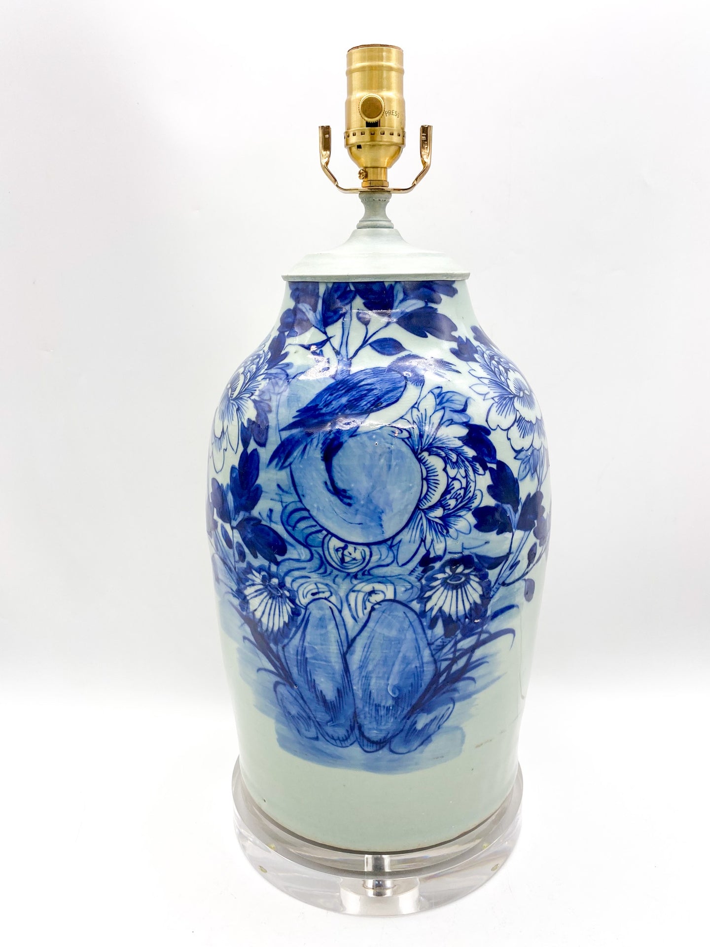 Bird of Paradise w/ Chrysanthemums Celadon & Blue Vase Lamp
