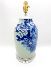 Load image into Gallery viewer, Bird of Paradise w/ Chrysanthemums Celadon &amp; Blue Vase Lamp