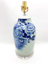 Load image into Gallery viewer, Bird of Paradise w/ Chrysanthemums Celadon &amp; Blue Vase Lamp