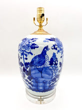 Load image into Gallery viewer, Blue &amp; Celadon Melon Vase Lamp w/ Rooster &amp; Peonies, ~23"